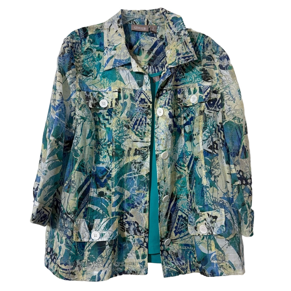 Chico’s Travelers Blue Green Abstract 2 Piece Jacket & Tank Set Size 3 (16)